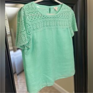 Talbots Seafoam Lace Yoke Short Sleeve Blouse